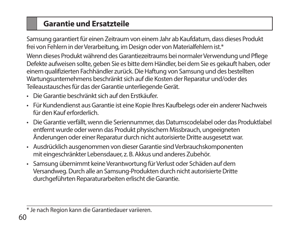 Garantie und ersatzteile, 60 garantie und ersatzteile | Samsung HM7000 User Manual | Page 62 / 194