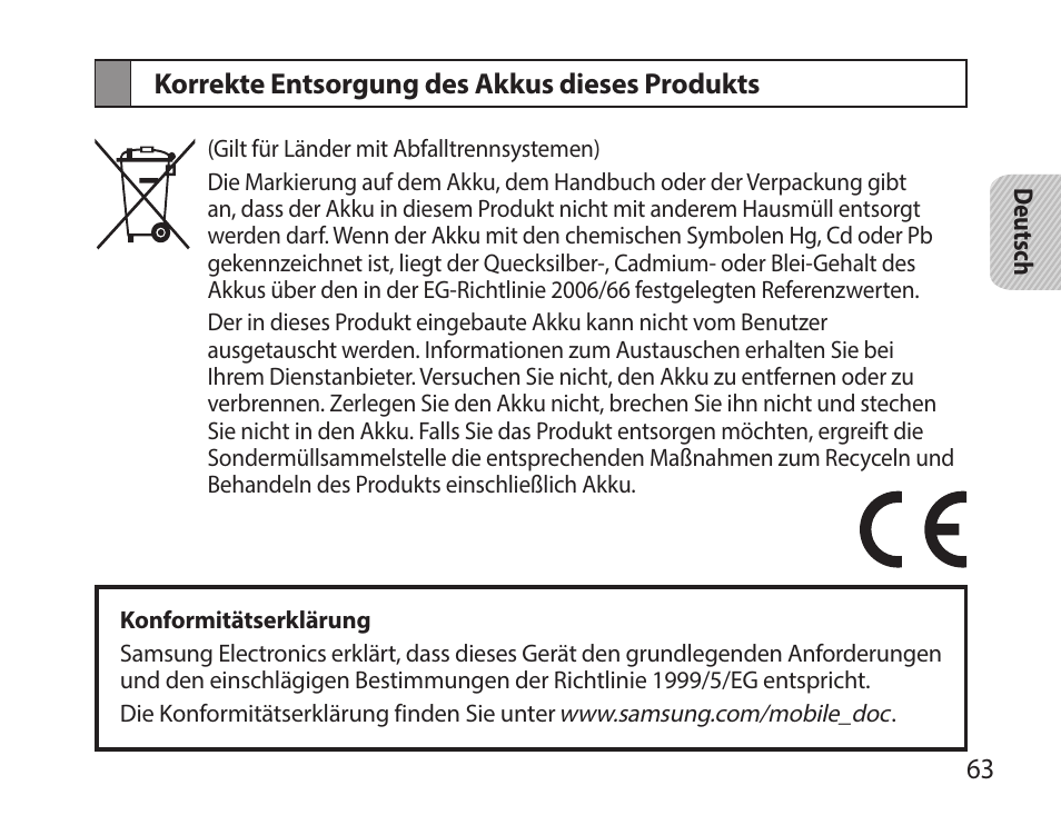 Korrekte entsorgung des akkus dieses produkts | Samsung HM7000 User Manual | Page 65 / 194