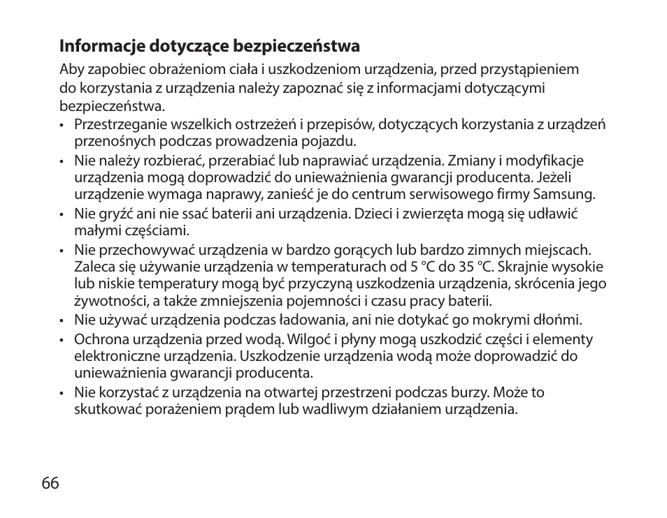 Informacje dotyczące bezpieczeństwa | Samsung HM7000 User Manual | Page 68 / 194