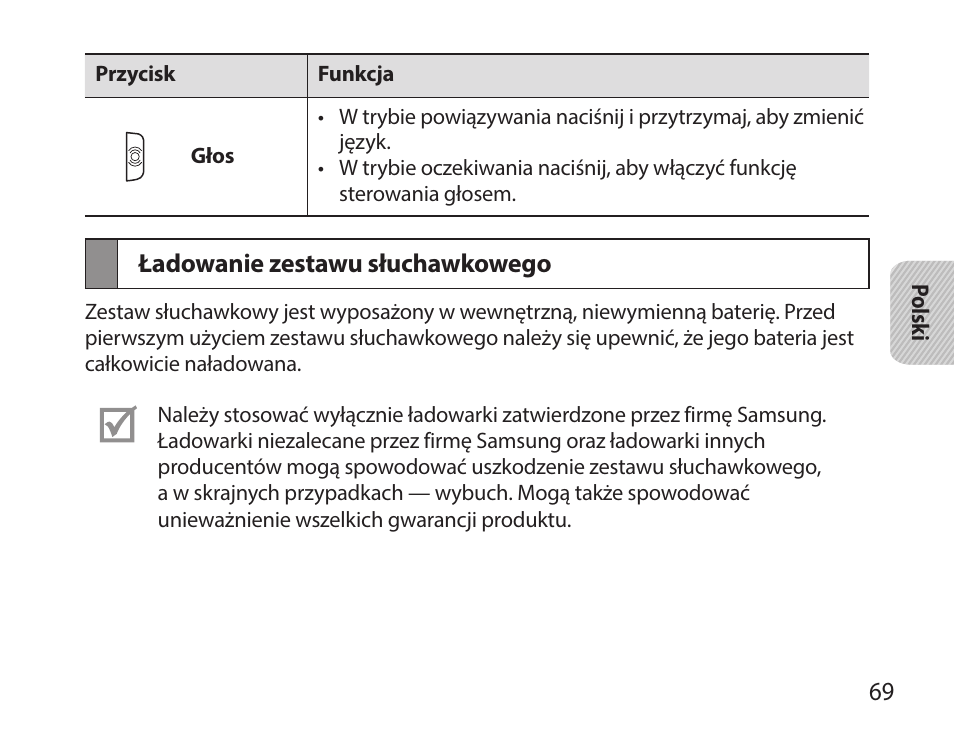 Ładowanie zestawu słuchawkowego | Samsung HM7000 User Manual | Page 71 / 194