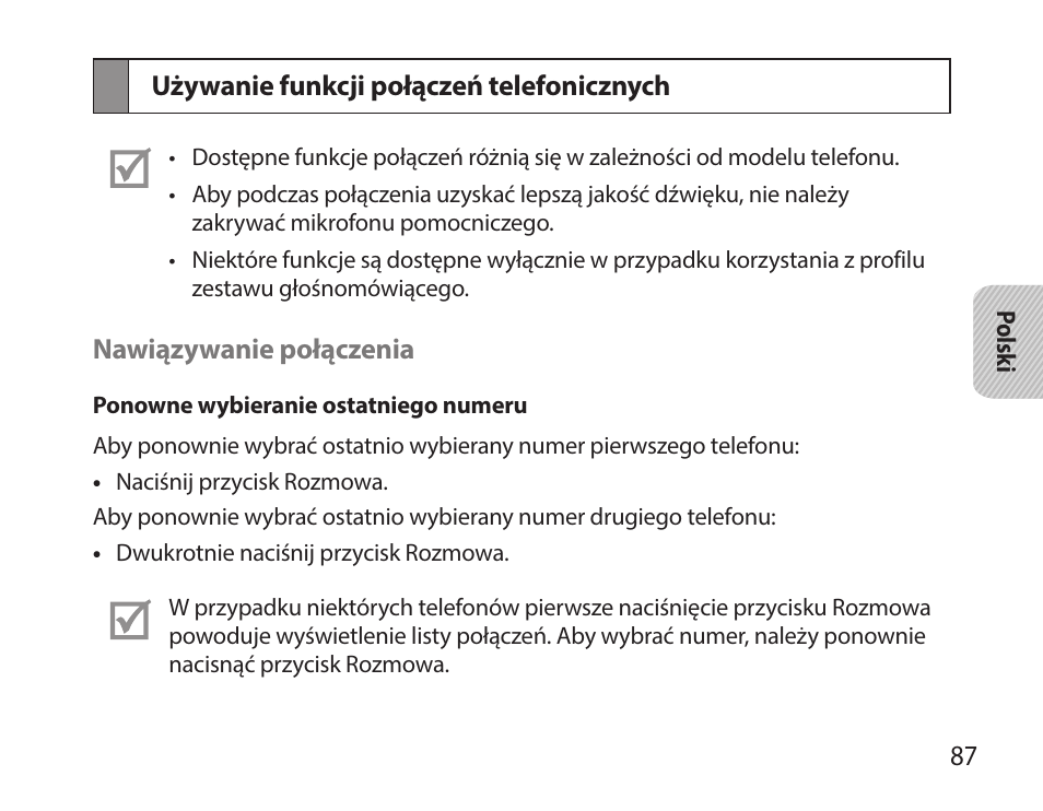 Używanie funkcji połączeń telefonicznych | Samsung HM7000 User Manual | Page 89 / 194