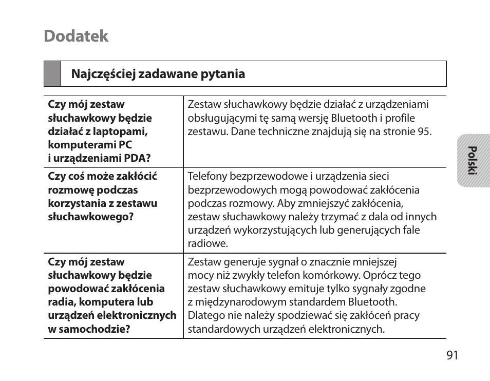 Dodatek, Najczęściej zadawane pytania | Samsung HM7000 User Manual | Page 93 / 194