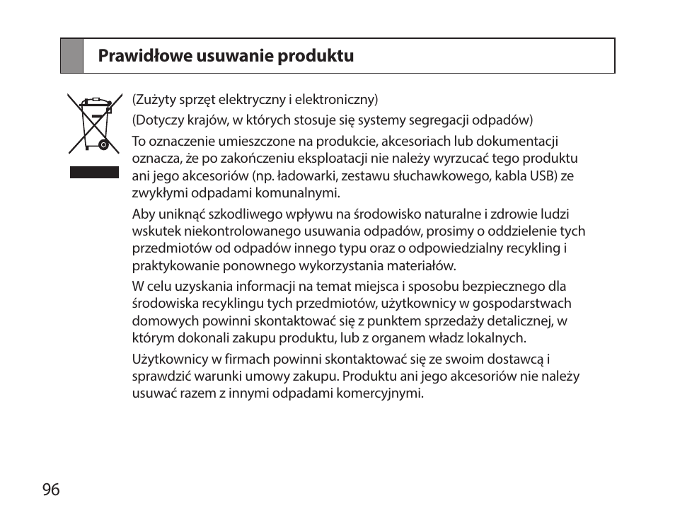 Prawidłowe usuwanie produktu, 96 prawidłowe usuwanie produktu | Samsung HM7000 User Manual | Page 98 / 194
