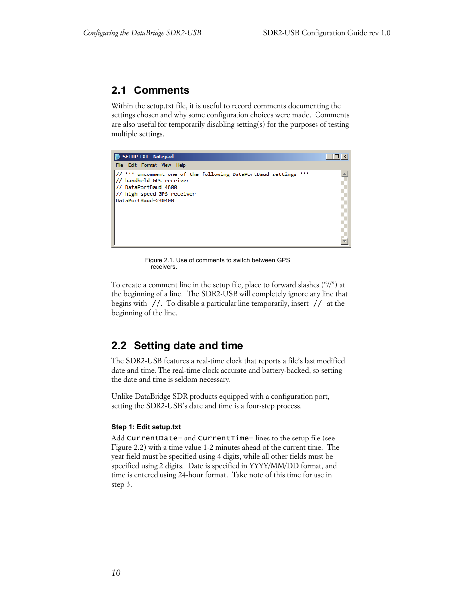 1 comments, 2 setting date and time | Acumen INSTRUMENTS CORPORATION DATABRIDGE(TM) SDR2-USB User Manual | Page 12 / 41