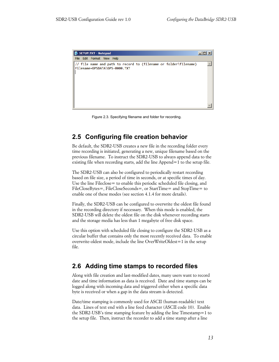 5 configuring file creation behavior, 6 adding time stamps to recorded files | Acumen INSTRUMENTS CORPORATION DATABRIDGE(TM) SDR2-USB User Manual | Page 15 / 41