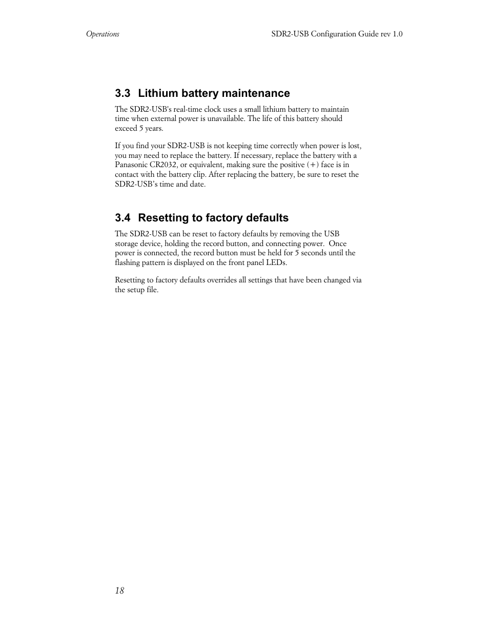 3 lithium battery maintenance, 4 resetting to factory defaults | Acumen INSTRUMENTS CORPORATION DATABRIDGE(TM) SDR2-USB User Manual | Page 20 / 41