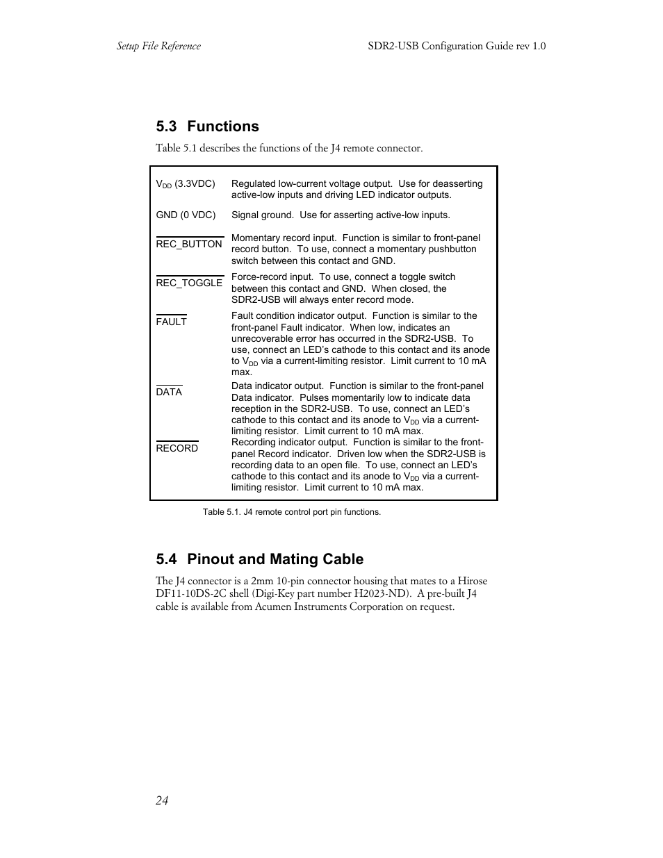 3 functions, 4 pinout and mating cable | Acumen INSTRUMENTS CORPORATION DATABRIDGE(TM) SDR2-USB User Manual | Page 26 / 41
