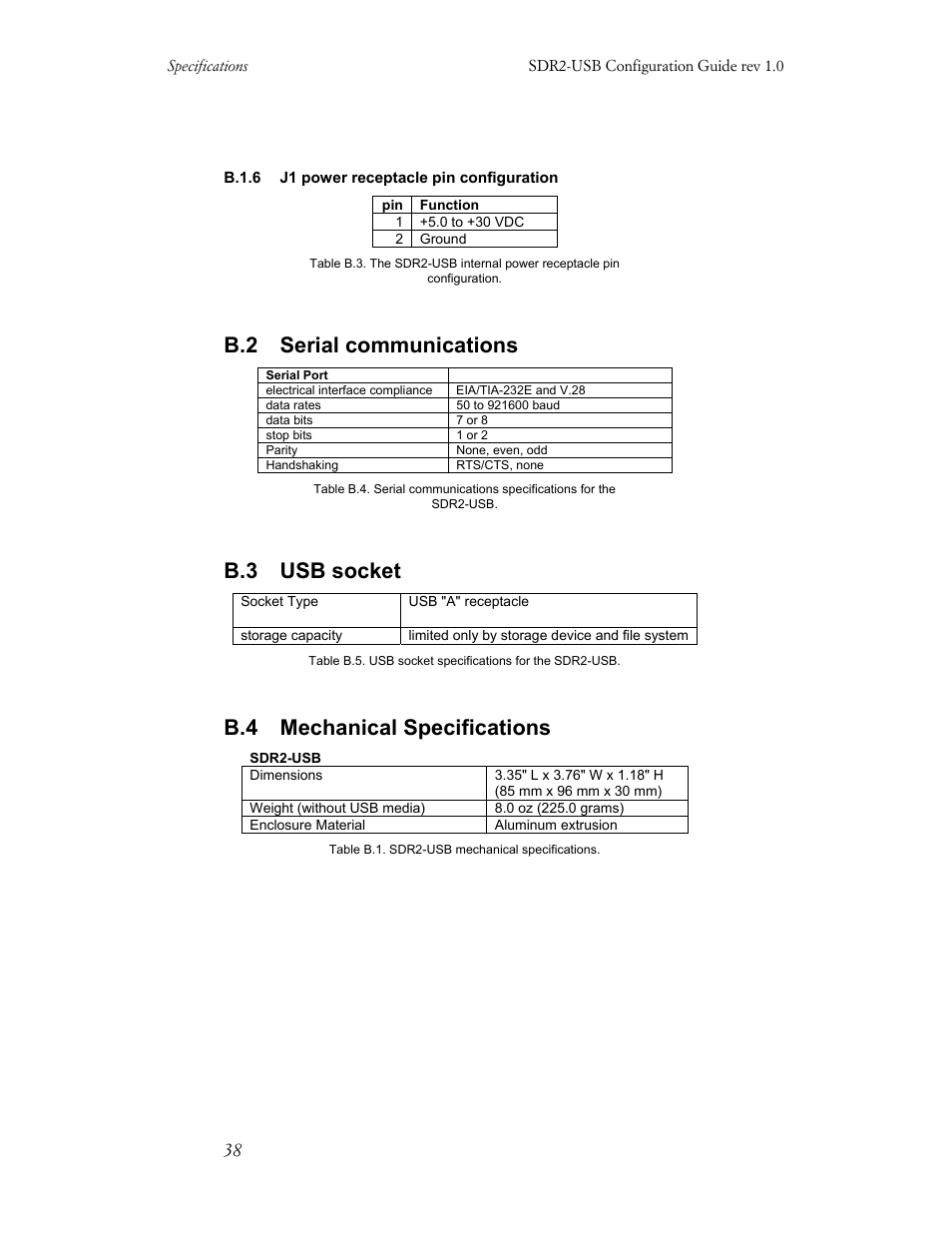 B.2 serial communications, B.3 usb socket, B.4 mechanical specifications | Acumen INSTRUMENTS CORPORATION DATABRIDGE(TM) SDR2-USB User Manual | Page 40 / 41