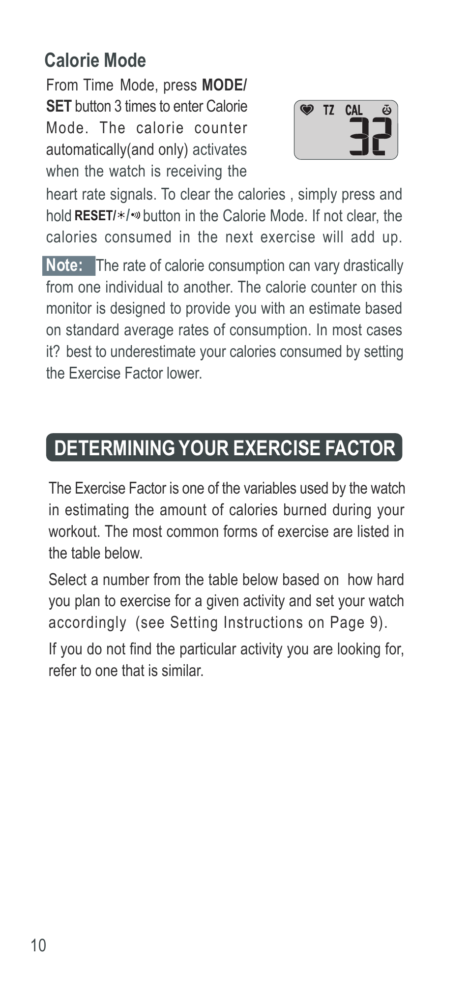 Determining your exercise factor, Calorie mode | Acumen Ergo Basix User Manual | Page 11 / 17