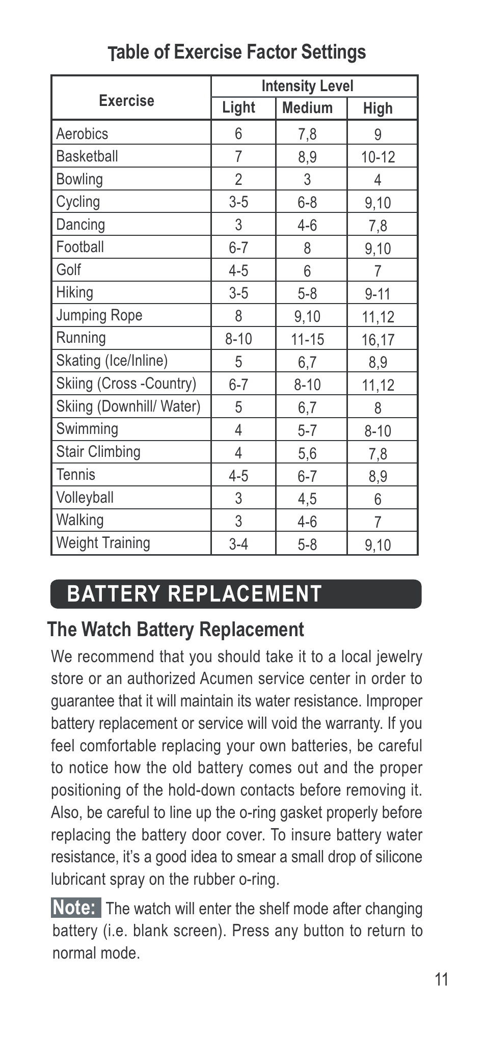 Battery replacement, Table of exercise factor settings, The watch battery replacement | Acumen Ergo Basix User Manual | Page 12 / 17