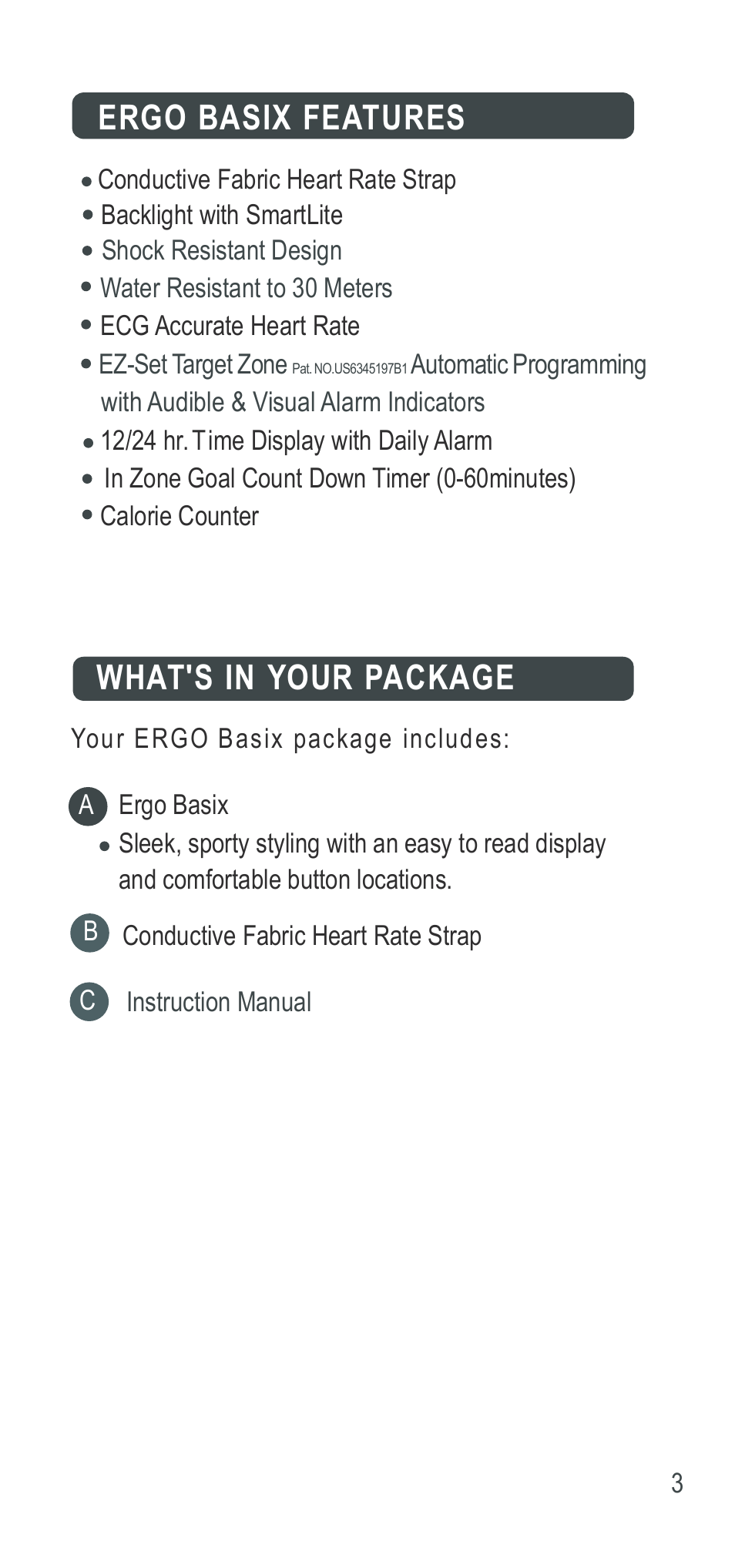 Ergo basix features what's in your package | Acumen Ergo Basix User Manual | Page 4 / 17