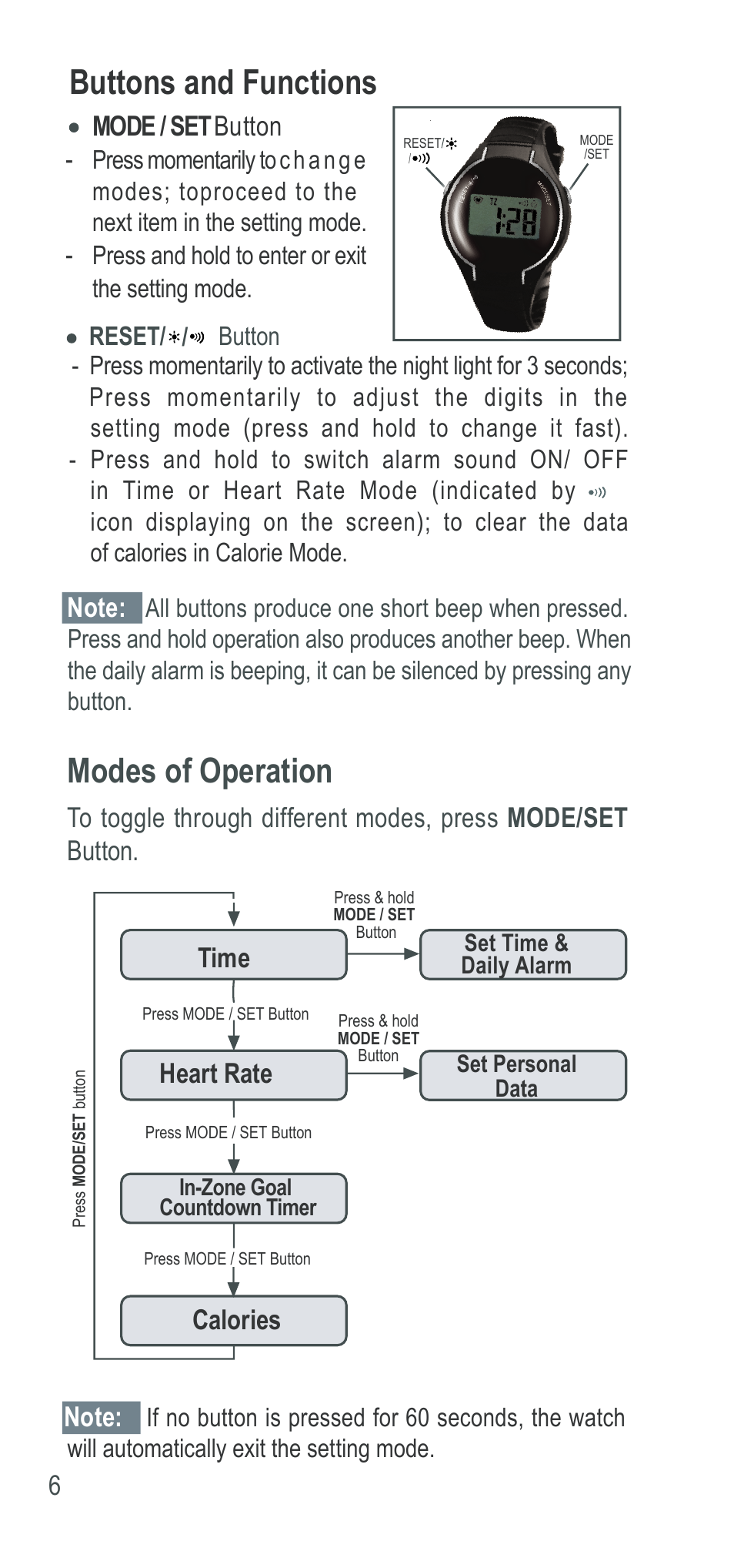 Buttons and functions, Modes of operation, Time heart rate | Calories mode / set button | Acumen Ergo Basix User Manual | Page 7 / 17