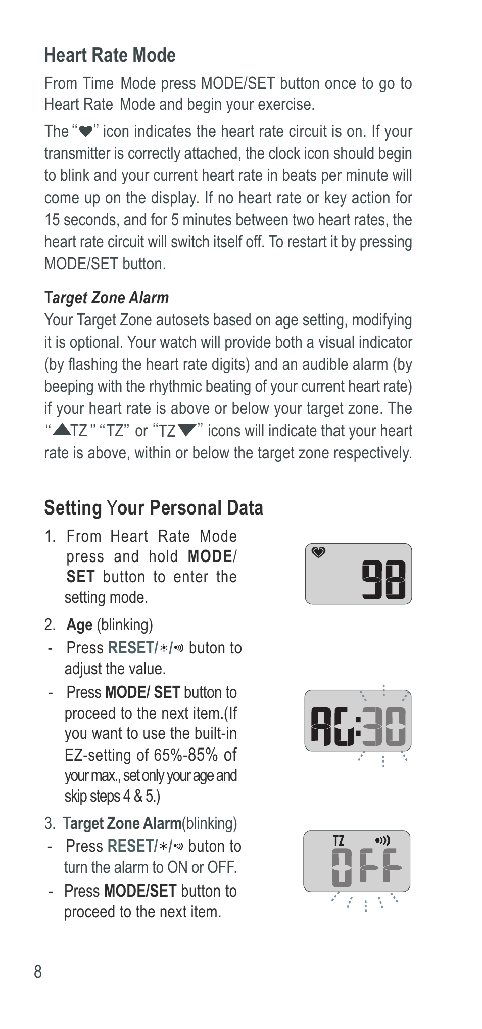 Heart rate mode, Setting y our personal data | Acumen Ergo Basix User Manual | Page 9 / 17