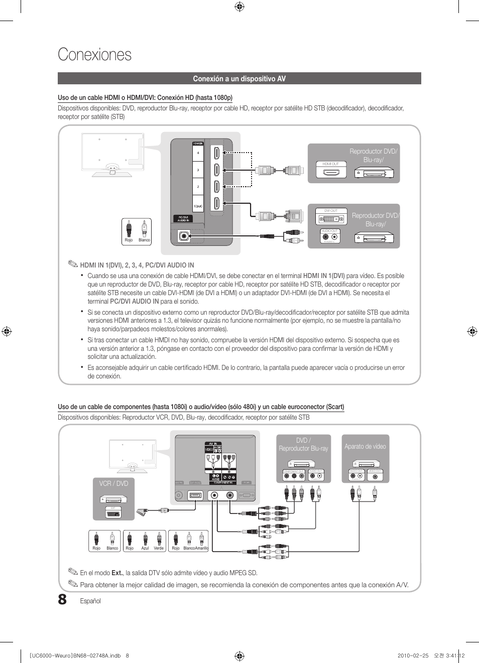 Conexiones, Conexión a un dispositivo av, Español | Hdmi in 1(dvi), 2, 3, 4, pc/dvi audio in, Reproductor dvd/ blu-ray/ reproductor dvd/ blu-ray | Samsung UE55C6000RW User Manual | Page 116 / 325