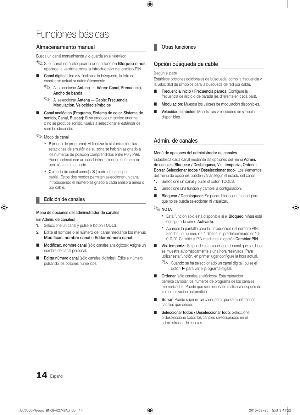 Funciones básicas, Almacenamiento manual, Opción búsqueda de cable | Admin. de canales | Samsung UE55C6000RW User Manual | Page 122 / 325