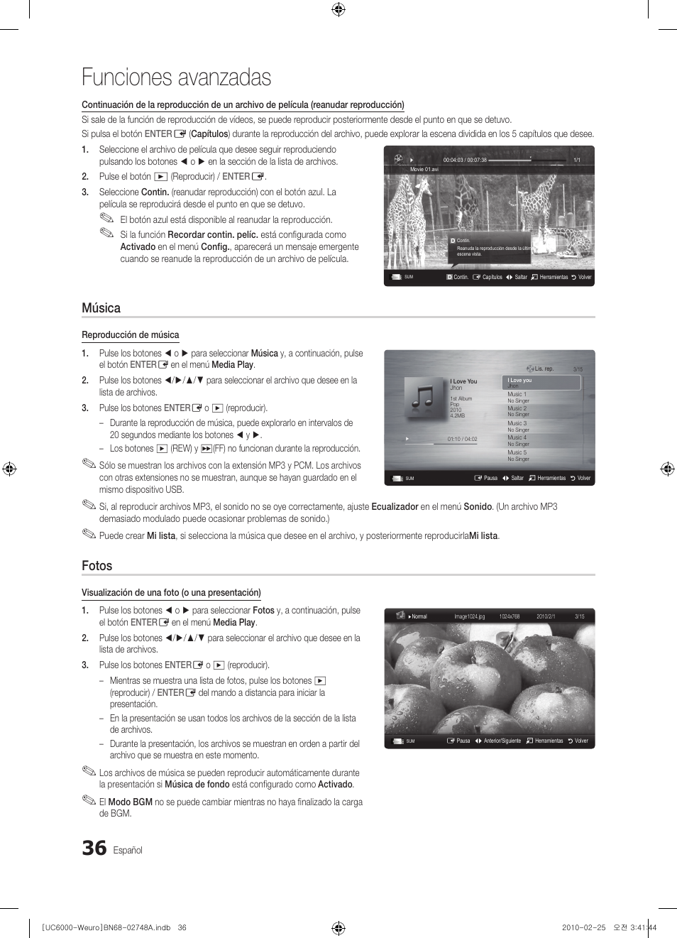 Funciones avanzadas, Música, Fotos | Samsung UE55C6000RW User Manual | Page 144 / 325