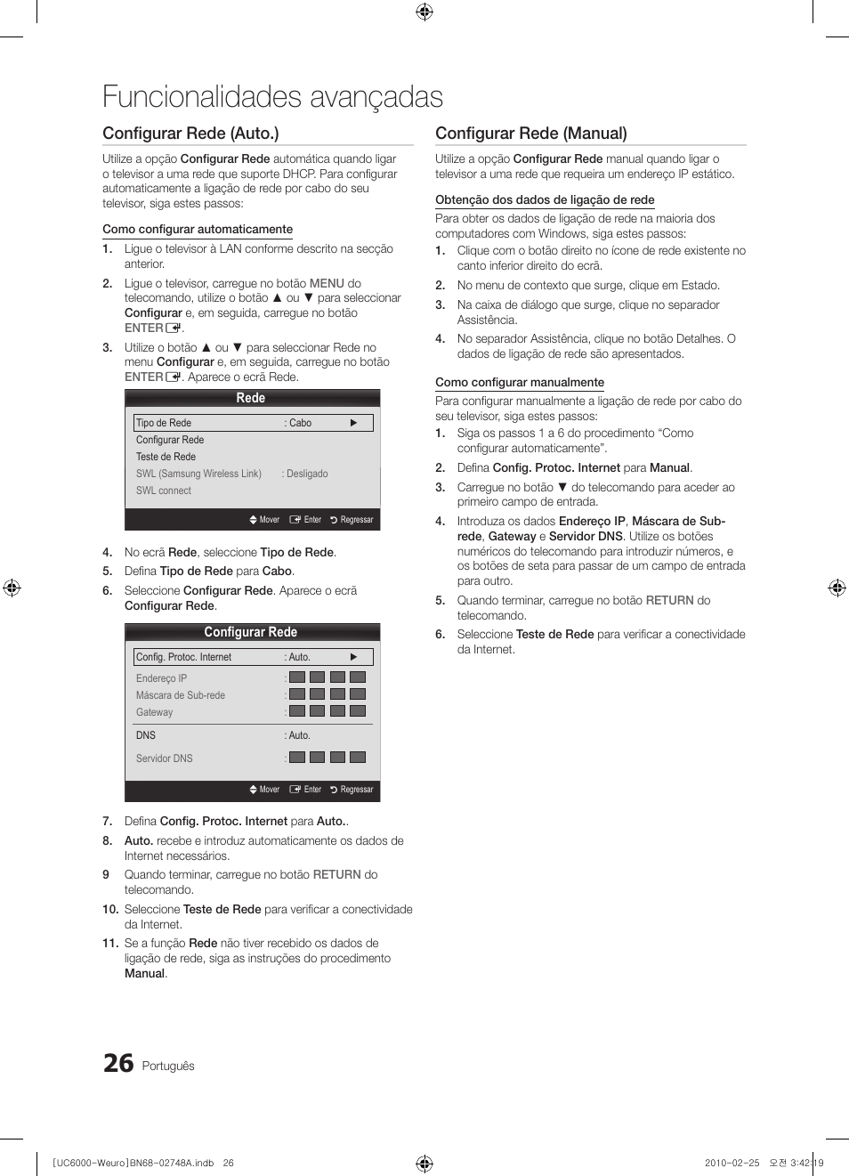 Funcionalidades avançadas, Configurar rede (auto.), Configurar rede (manual) | Samsung UE55C6000RW User Manual | Page 188 / 325