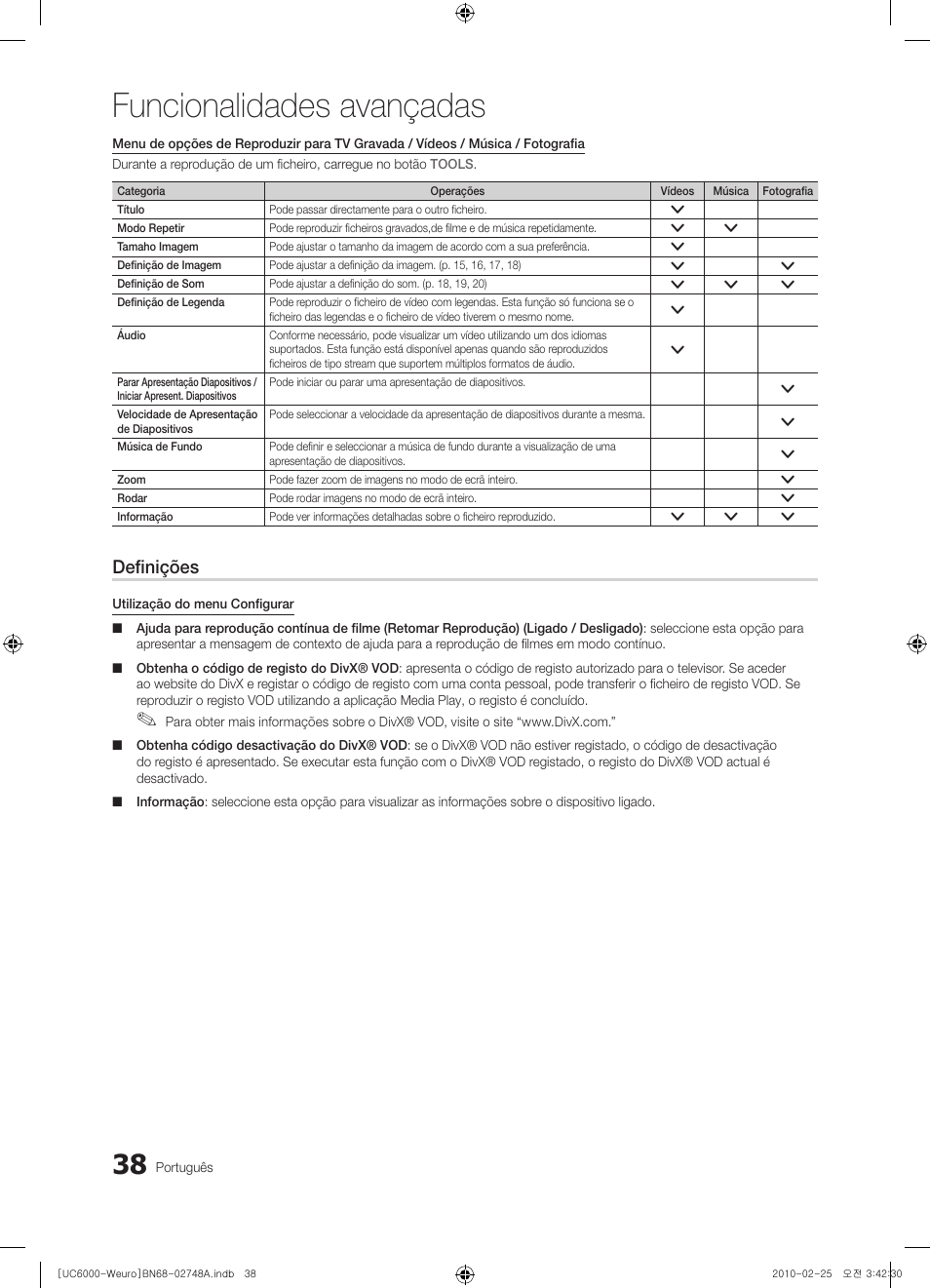 Funcionalidades avançadas, Definições | Samsung UE55C6000RW User Manual | Page 200 / 325