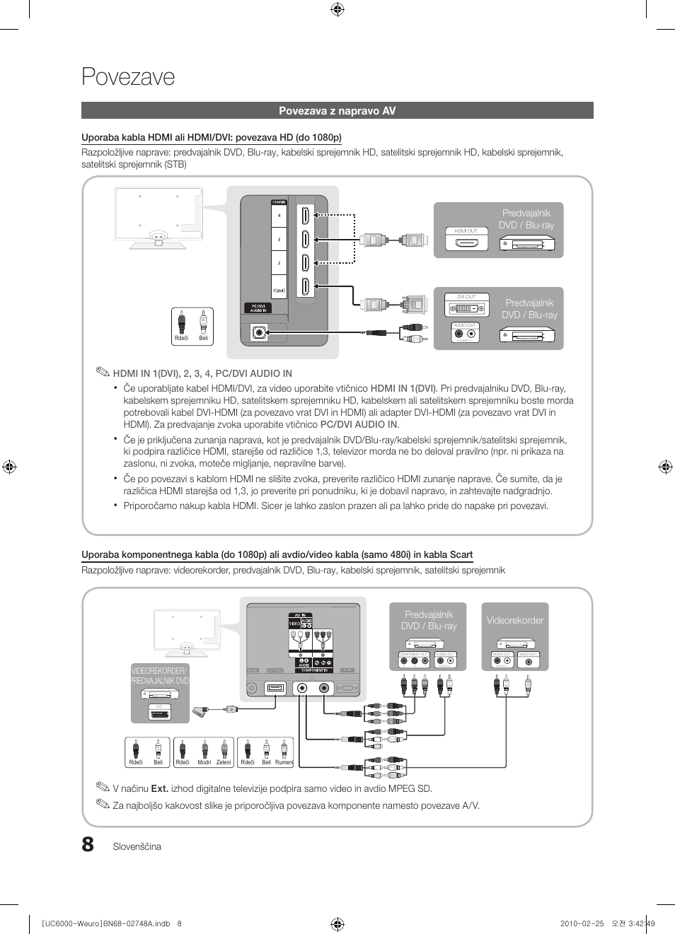 Povezave, Povezava z napravo av, Slovenščina | Hdmi in 1(dvi), 2, 3, 4, pc/dvi audio in, Videorekorder predvajalnik dvd / blu-ray | Samsung UE55C6000RW User Manual | Page 224 / 325