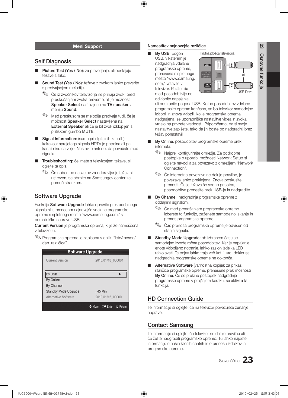 Self diagnosis, Software upgrade, Hd connection guide | Contact samsung | Samsung UE55C6000RW User Manual | Page 239 / 325