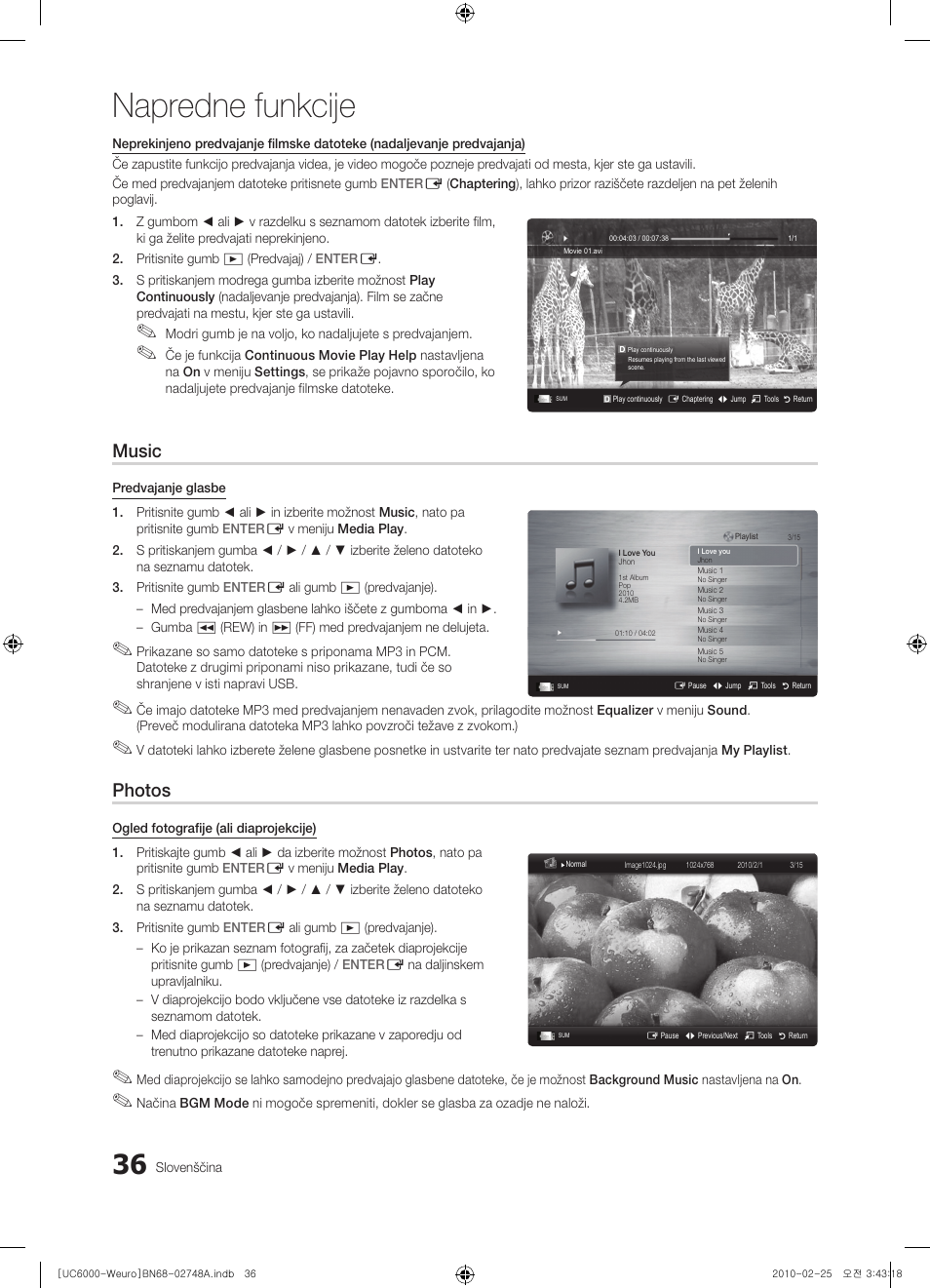 Napredne funkcije, Music, Photos | Samsung UE55C6000RW User Manual | Page 252 / 325