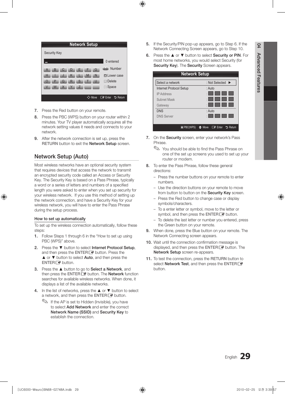 Network setup (auto) | Samsung UE55C6000RW User Manual | Page 29 / 325