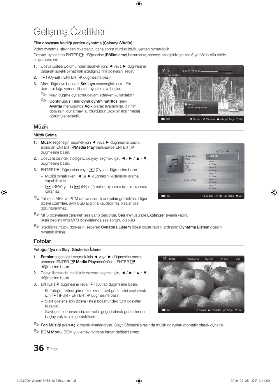 Gelişmiş özellikler, Müzik, Fotolar | Samsung UE55C6000RW User Manual | Page 306 / 325