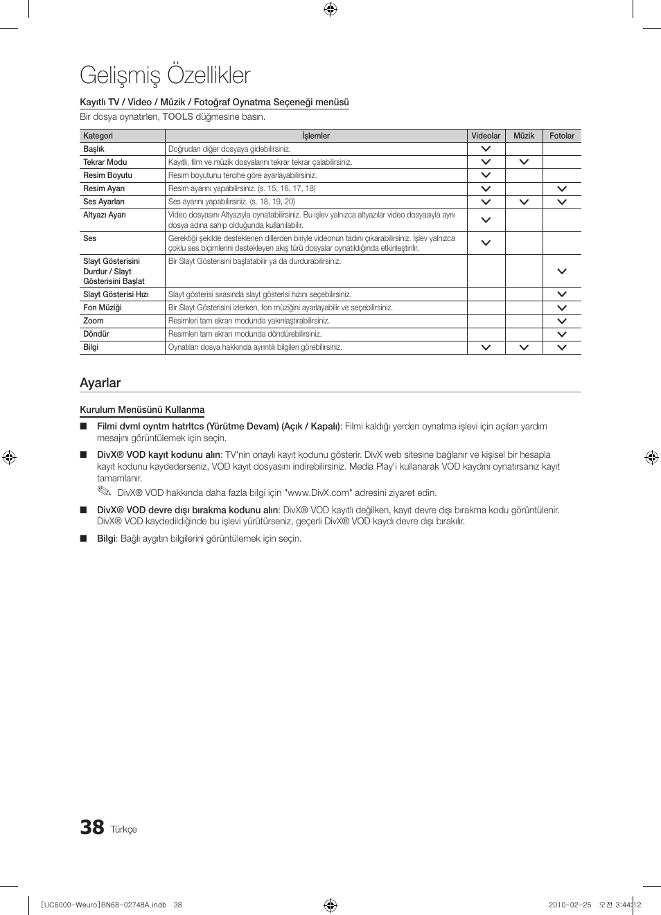 Gelişmiş özellikler, Ayarlar | Samsung UE55C6000RW User Manual | Page 308 / 325
