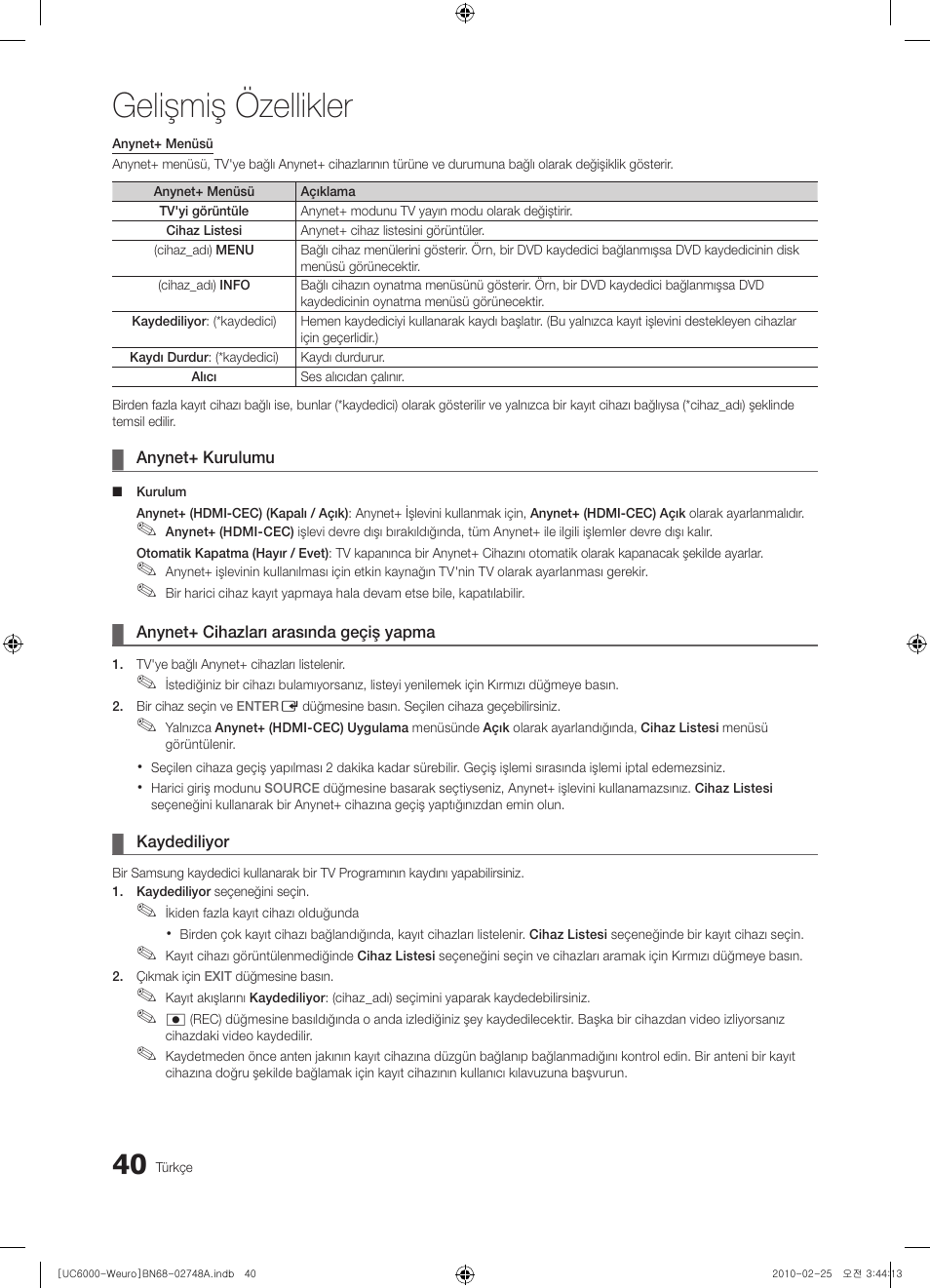 Gelişmiş özellikler | Samsung UE55C6000RW User Manual | Page 310 / 325