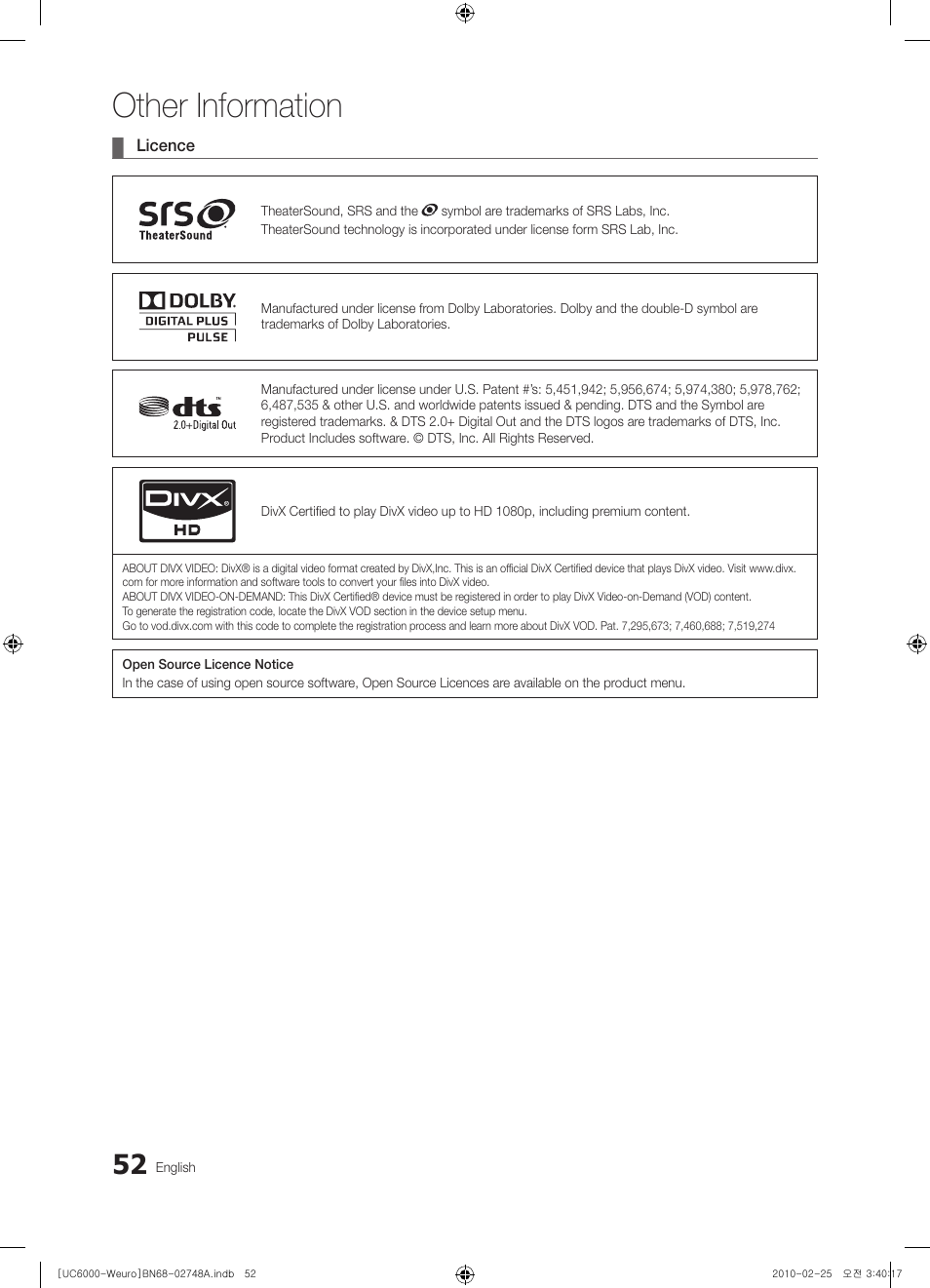 Other information | Samsung UE55C6000RW User Manual | Page 52 / 325