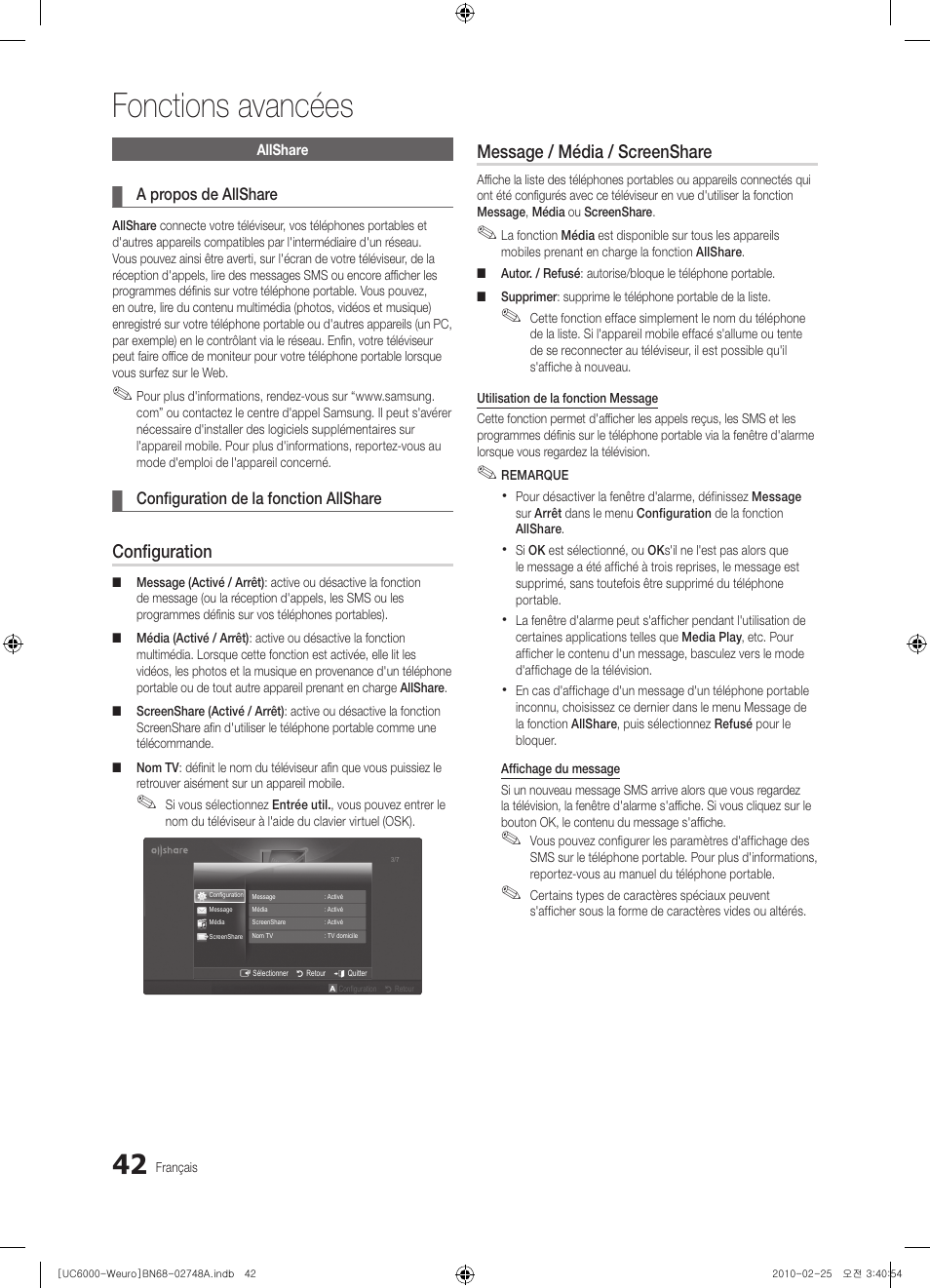 Fonctions avancées, Configuration, Message / média / screenshare | Samsung UE55C6000RW User Manual | Page 96 / 325