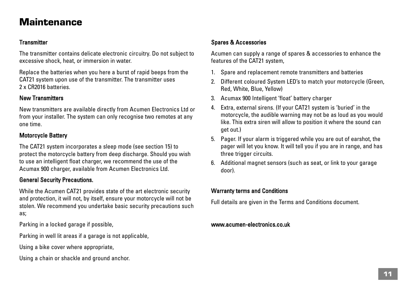Maintenance | Acumen CAT21 User Manual | Page 12 / 12