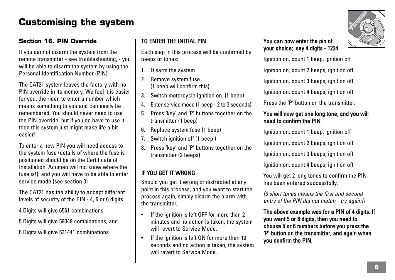 Customising the system | Acumen CAT21 User Manual | Page 9 / 12