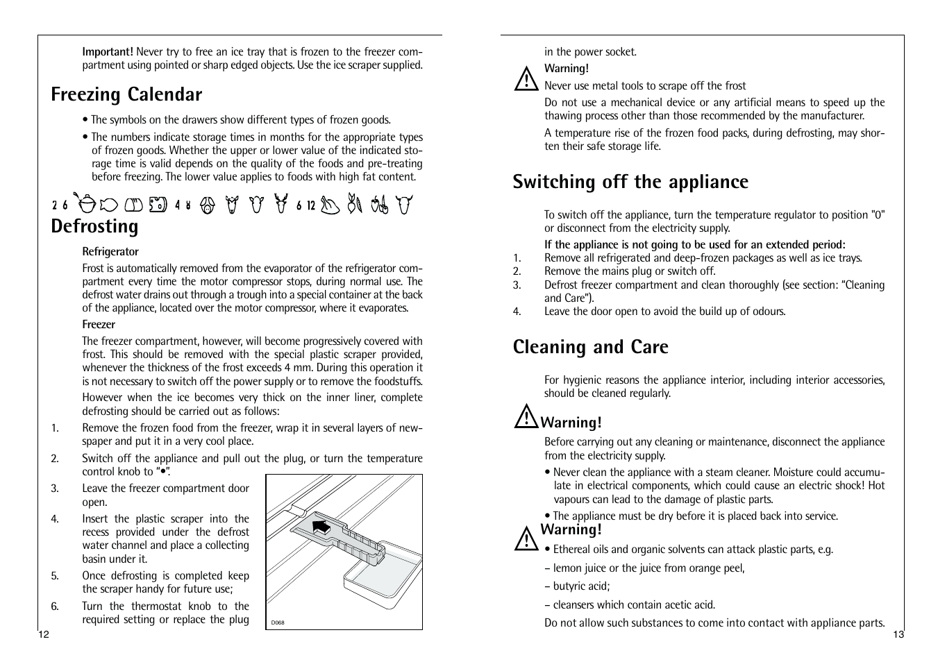 Freezing calendar, Defrosting, Switching off the appliance | Cleaning and care | AEG SANTO C 8 16 41-4i User Manual | Page 13 / 24