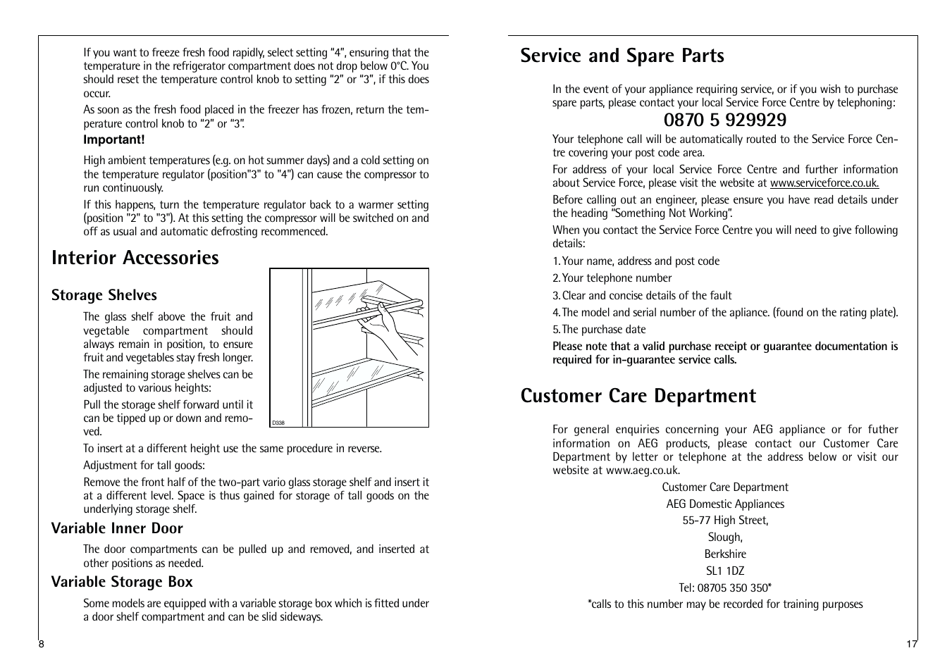 Interior accessories, Service and spare parts, Customer care department | AEG SANTO C 8 16 41-4i User Manual | Page 17 / 24