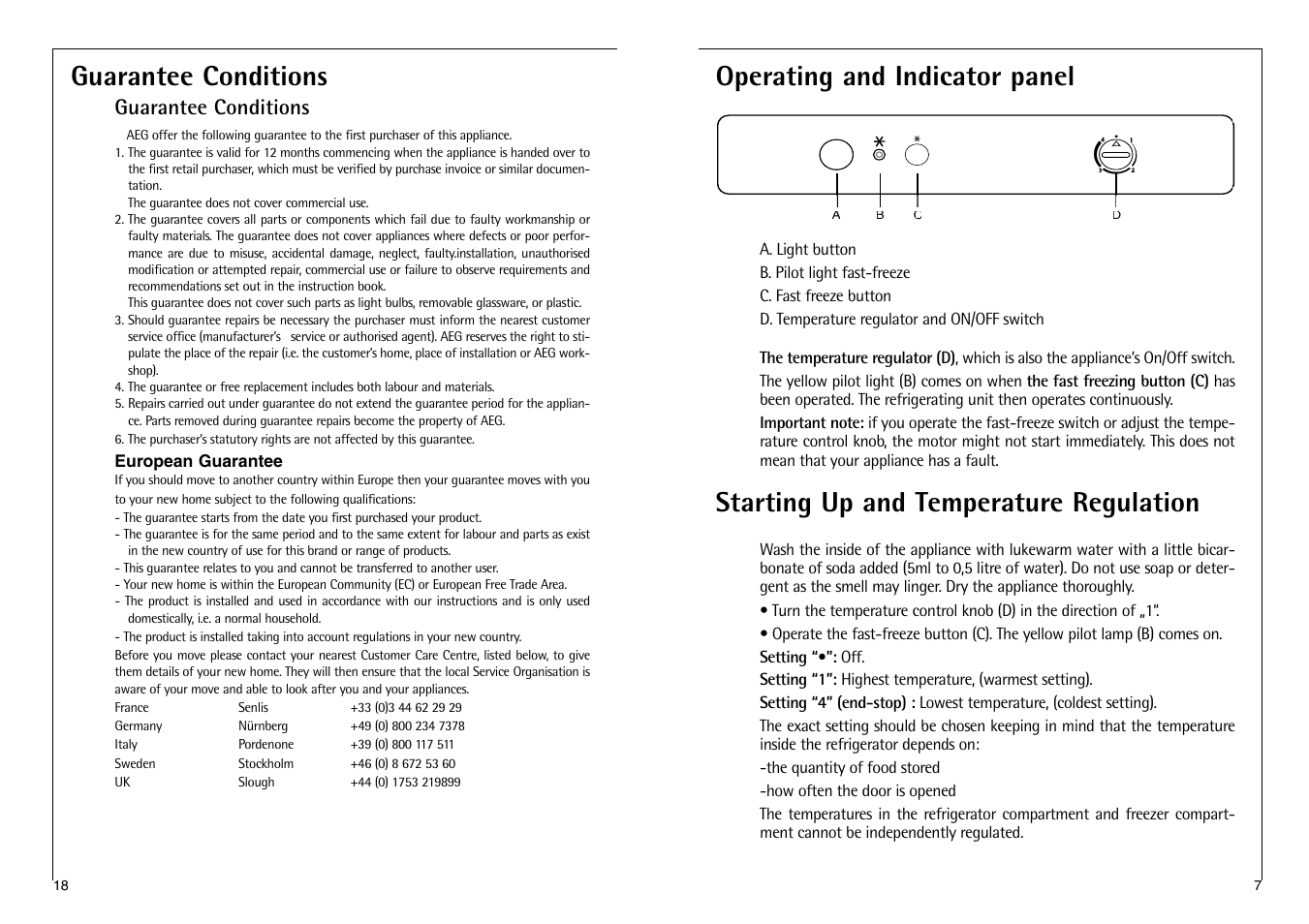 Operating and indicator panel, Starting up and temperature regulation, Guarantee conditions | AEG SANTO C 8 16 41-4i User Manual | Page 7 / 24