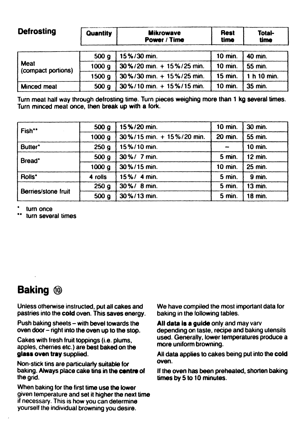 Baking, Defrosting | AEG DUO 3214Z User Manual | Page 12 / 20