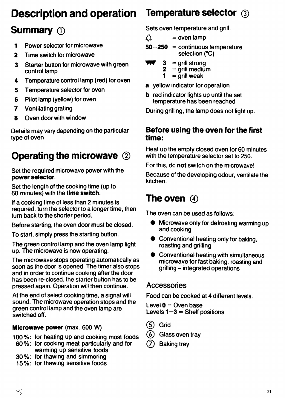 Summary, Operating the microwave, Temperature selector | Before using the oven for the first time, The oven, Accessories, Description and operation | AEG DUO 3214Z User Manual | Page 8 / 20