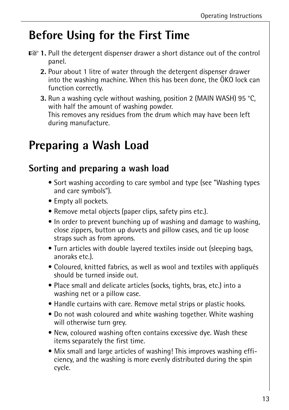 Before using for the first time, Preparing a wash load, Sorting and preparing a wash load | AEG 50420 User Manual | Page 13 / 48