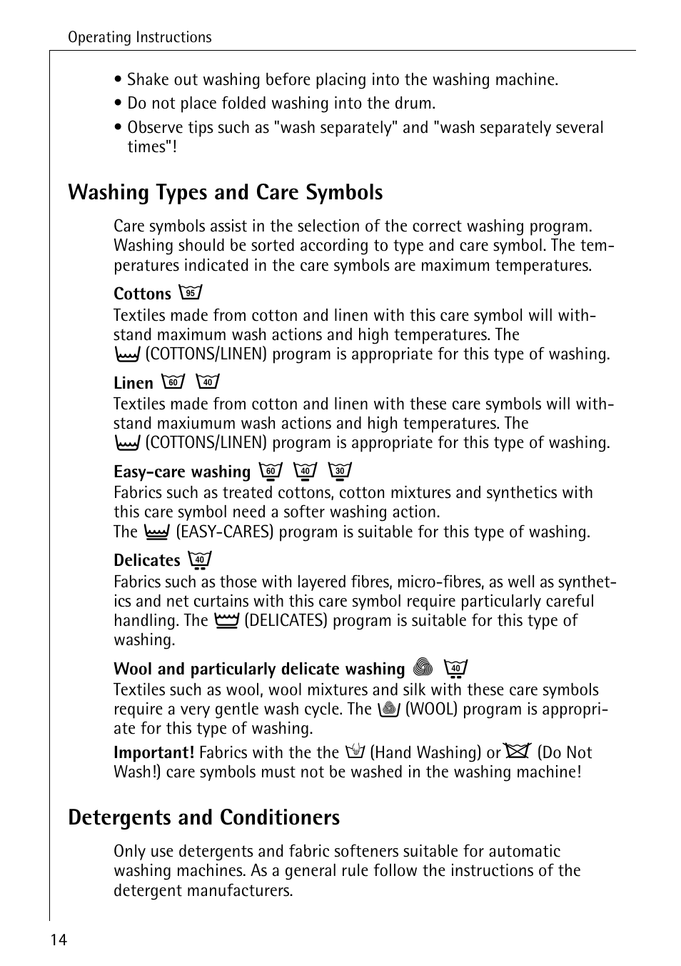 Washing types and care symbols, Detergents and conditioners | AEG 50420 User Manual | Page 14 / 48