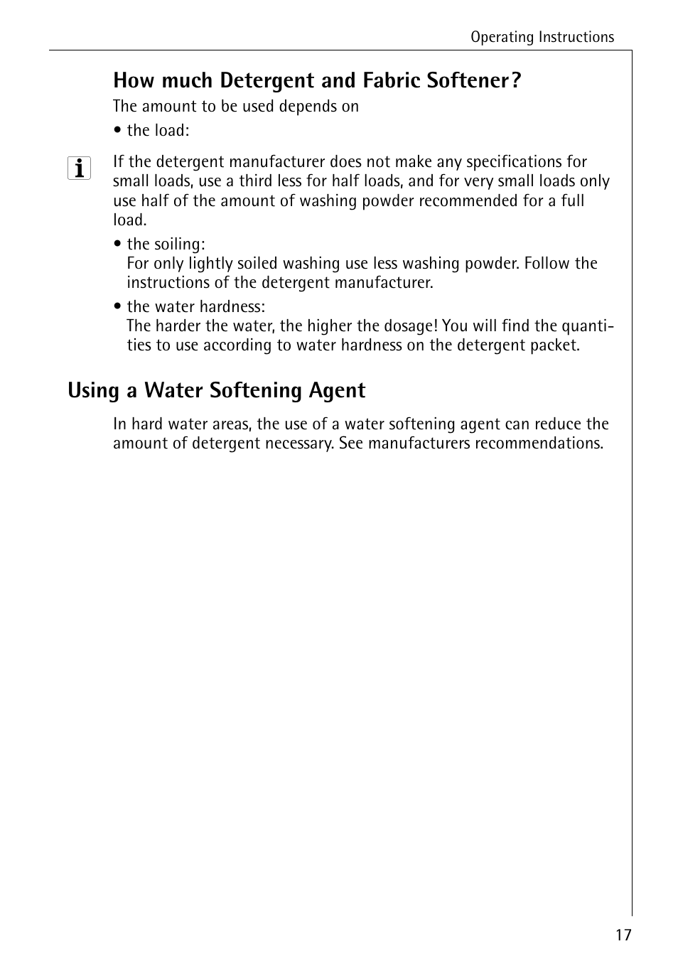 How much detergent and fabric softener, Using a water softening agent | AEG 50420 User Manual | Page 17 / 48