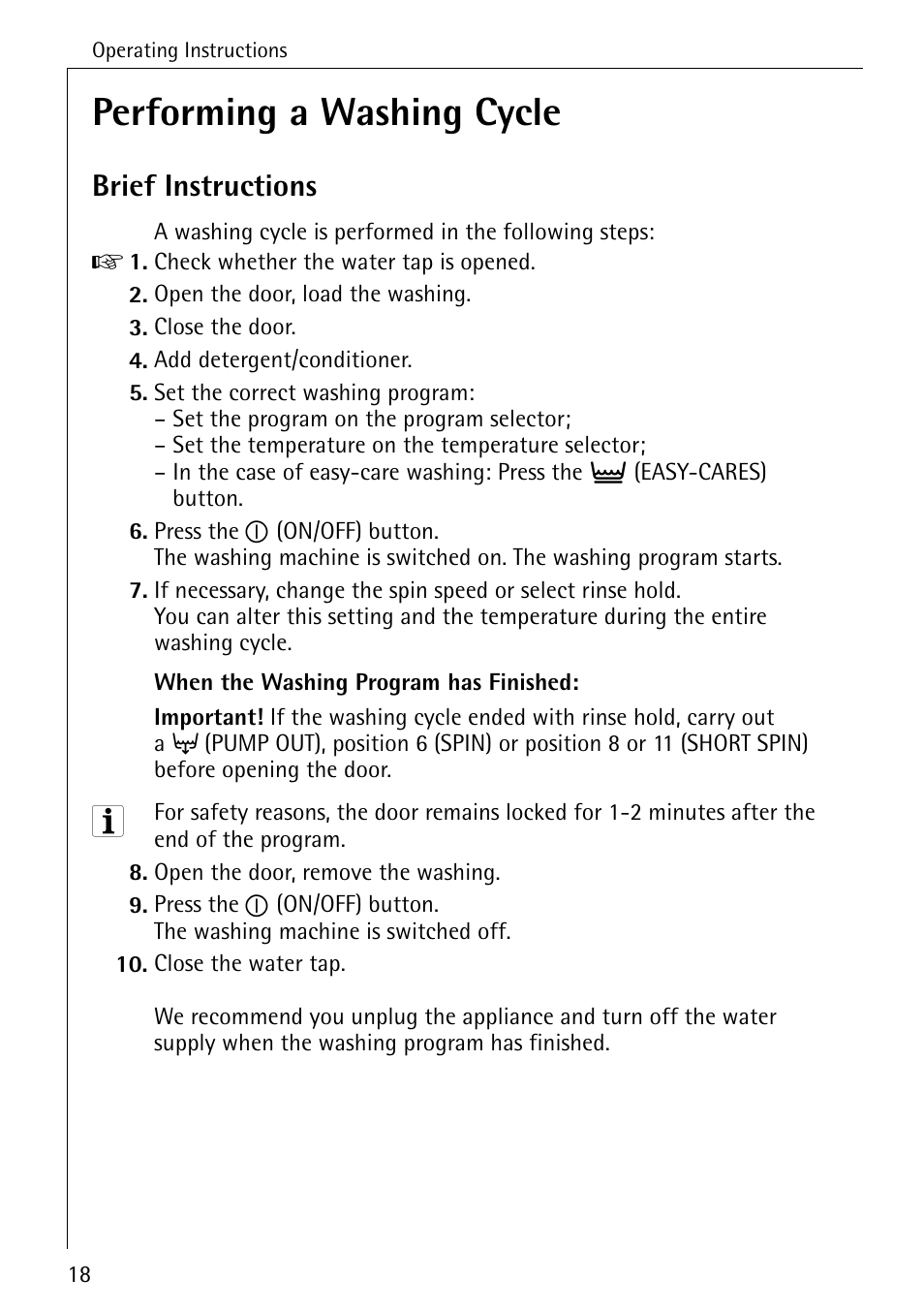 Performing a washing cycle, Brief instructions | AEG 50420 User Manual | Page 18 / 48