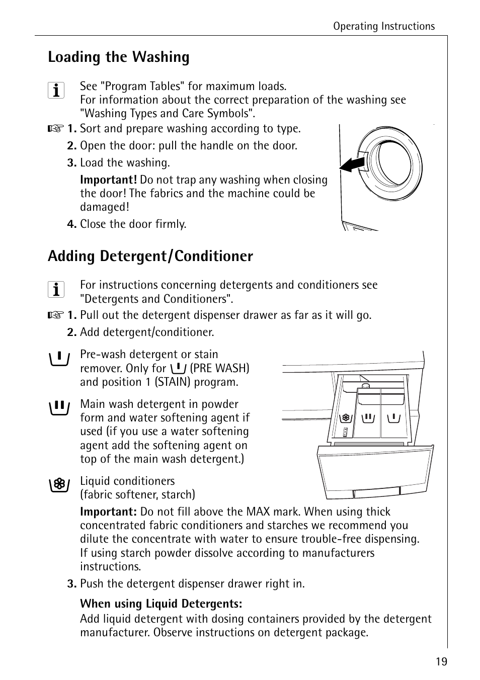 Loading the washing, Adding detergent/conditioner | AEG 50420 User Manual | Page 19 / 48