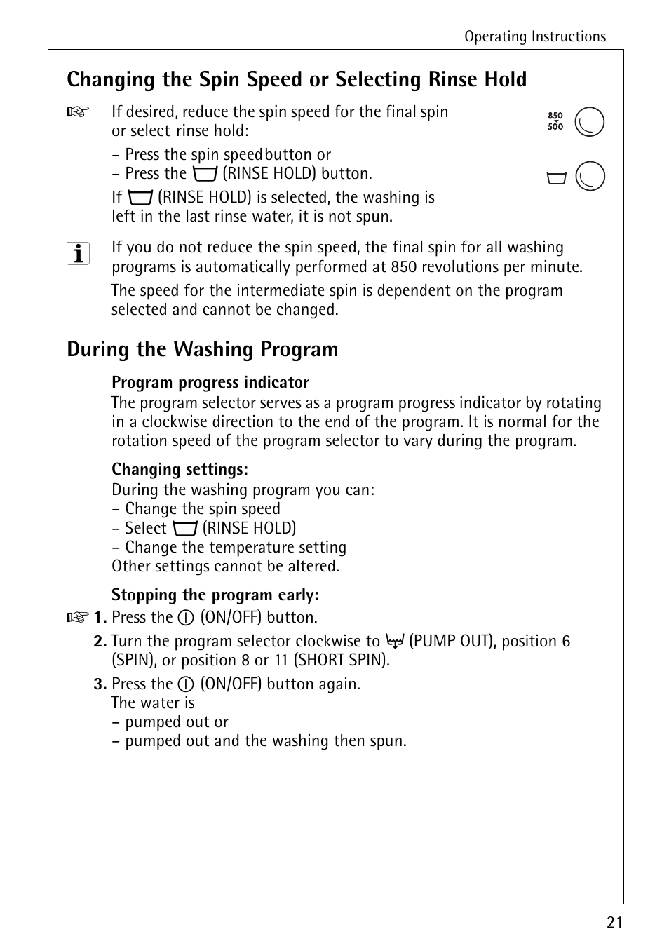 Changing the spin speed or selecting rinse hold, During the washing program | AEG 50420 User Manual | Page 21 / 48