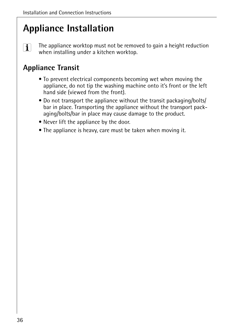 Appliance installation, Appliance transit | AEG 50420 User Manual | Page 36 / 48