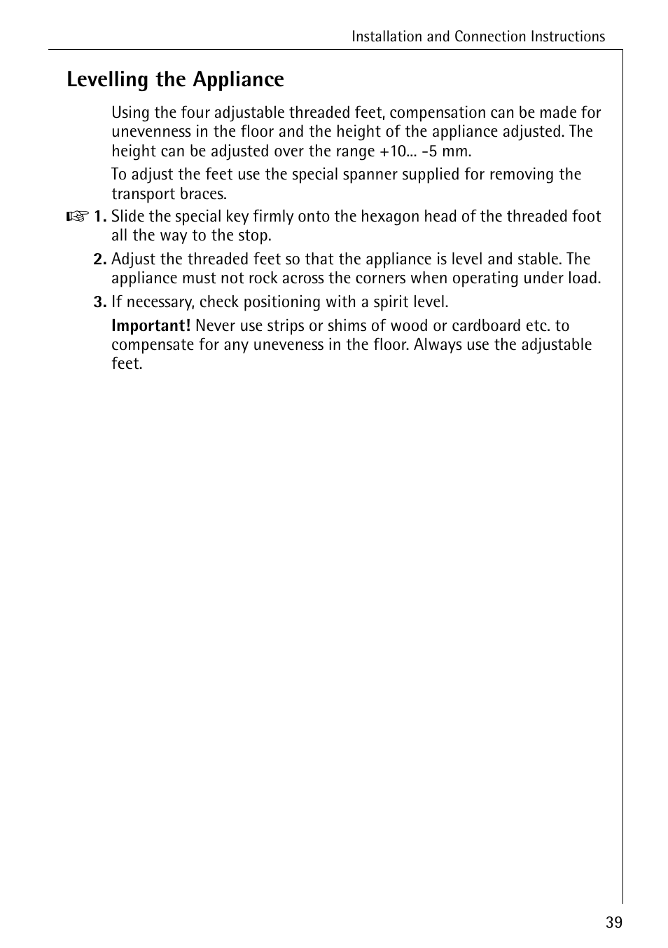 Levelling the appliance | AEG 50420 User Manual | Page 39 / 48