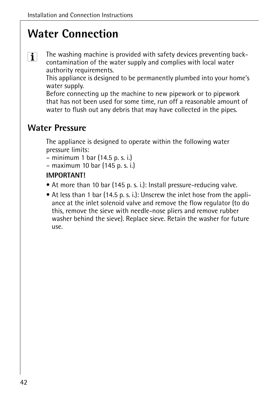 Water connection, Water pressure | AEG 50420 User Manual | Page 42 / 48