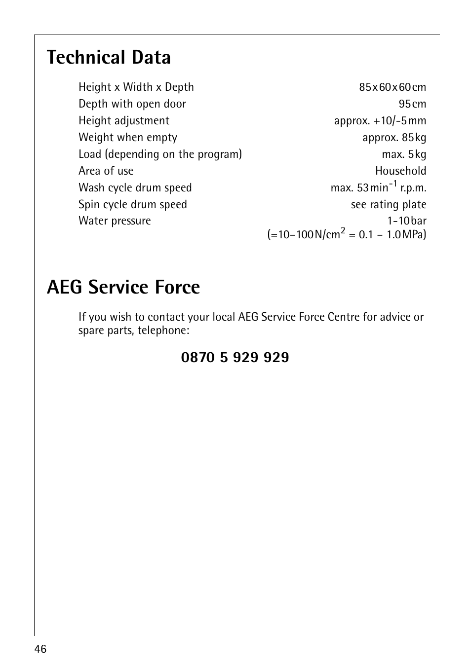 Technical data, Aeg service force | AEG 50420 User Manual | Page 46 / 48