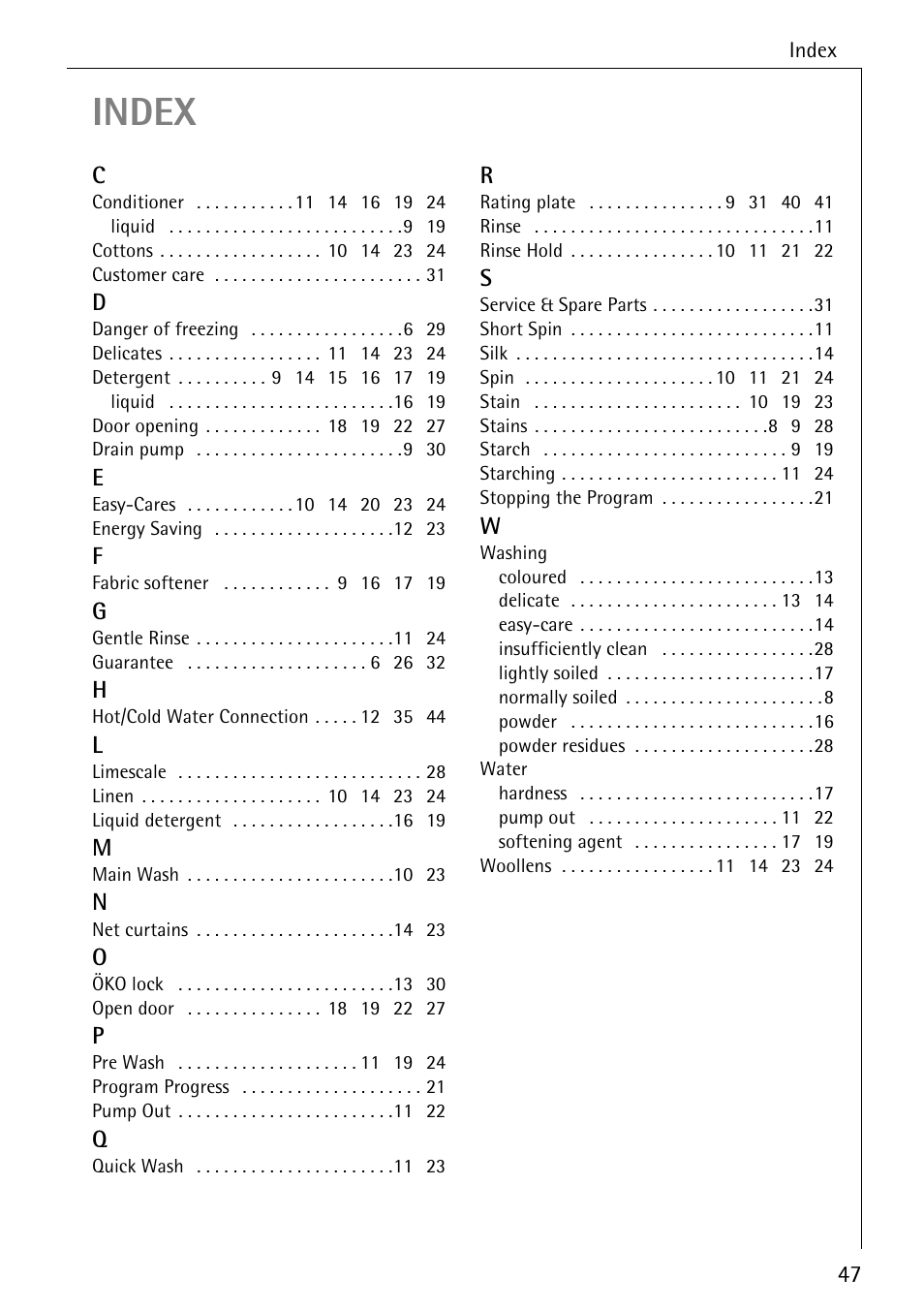 Index | AEG 50420 User Manual | Page 47 / 48