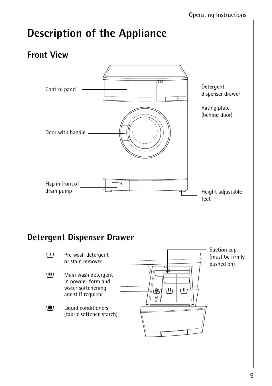 Description of the appliance, Front view detergent dispenser drawer | AEG 50420 User Manual | Page 9 / 48